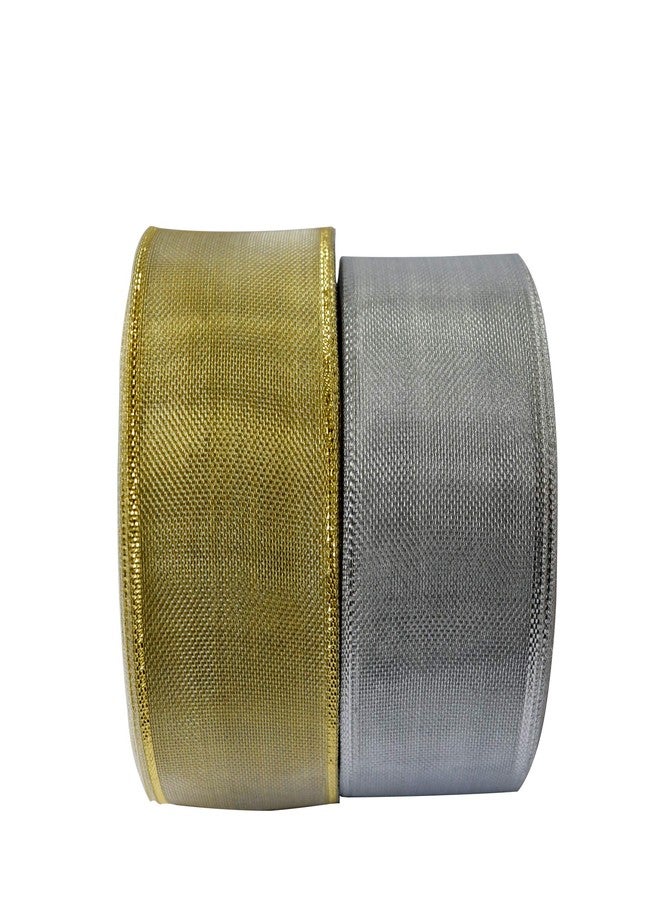 Finesse Net Ribbon Decoration, Gift Wrapping, Multi-Purpose Use (Gold and Silver, Size : 1 Inch, Packing : 22 Mtrs/Roll) Pack of 2